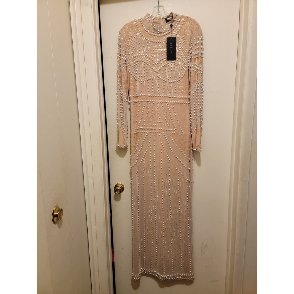 Fashion Nova Luxe Janice Embellished Long Sleeve Maxi Dress Nude XL LD352 Pearl